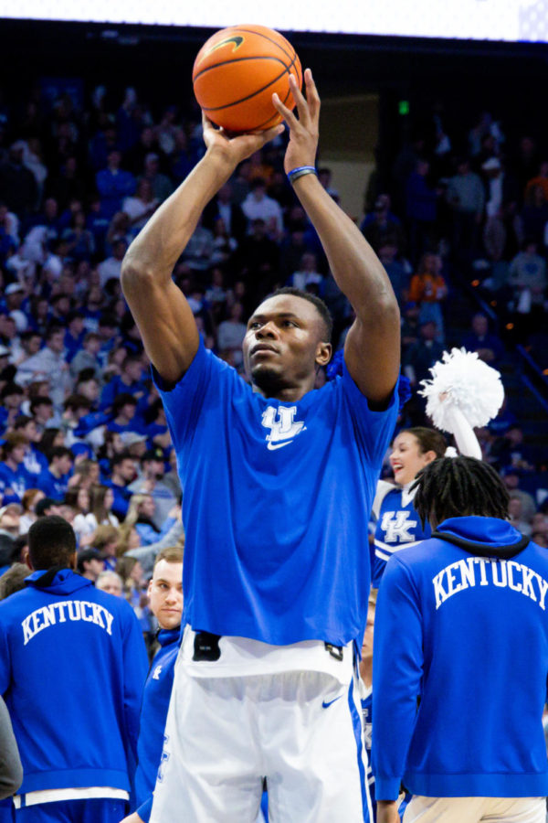 Kentucky Wildcats forward Oscar Tshiebwe (34) shoots the ball during warm ups before the Kentucky vs. No. 10 Tennessee mens basketball game on Saturday, Feb. 18, 2023, at Rupp Arena in Lexington, Kentucky. Kentucky won 66-54. Photo by Brady Saylor | Staff