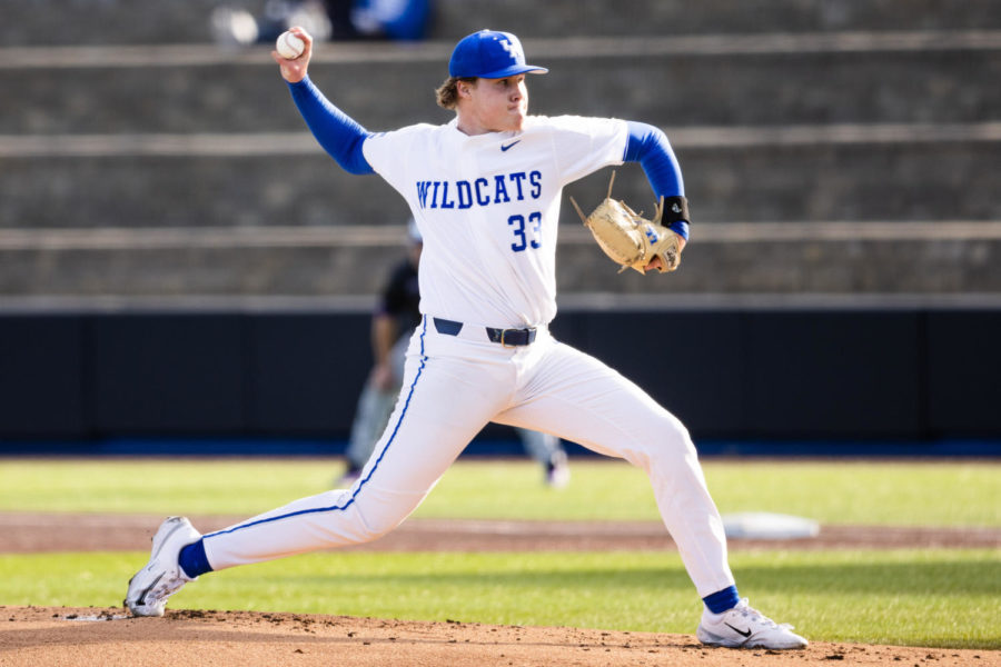 Kentucky Wildcats pitcher Travis Smith (33) pitches the ball during the Kentucky vs. Evansville home opener baseball game on Tuesday, Feb. 21, 2023, at Kentucky Proud Park in Lexington, Kentucky. Kentucky won 6-3. Photo by Isabel McSwain | Staff