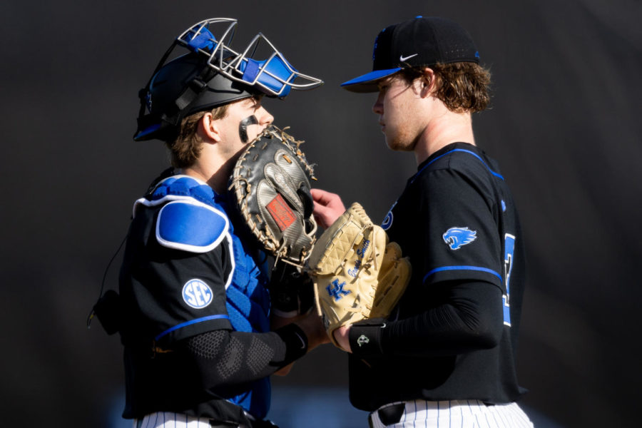 Kentucky Wildcats catcher Chase Stanke (9) and pitcher Travis Smith (33) talk at the mound during the Kentucky vs. Morehead State baseball game on Tuesday, Feb. 28, 2023, at Kentucky Proud Park in Lexington, Kentucky. Kentucky won 15-1. Photo by Jack Weaver | Staff