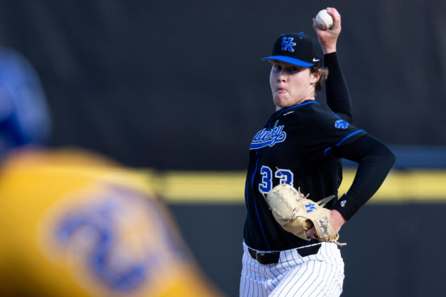 Kentucky Wildcats pitcher Travis Smith (33) pitches the ball during the Kentucky vs. Morehead State baseball game on Tuesday, Feb. 28, 2023, at Kentucky Proud Park in Lexington, Kentucky. Kentucky won 15-1. Photo by Jack Weaver | Staff