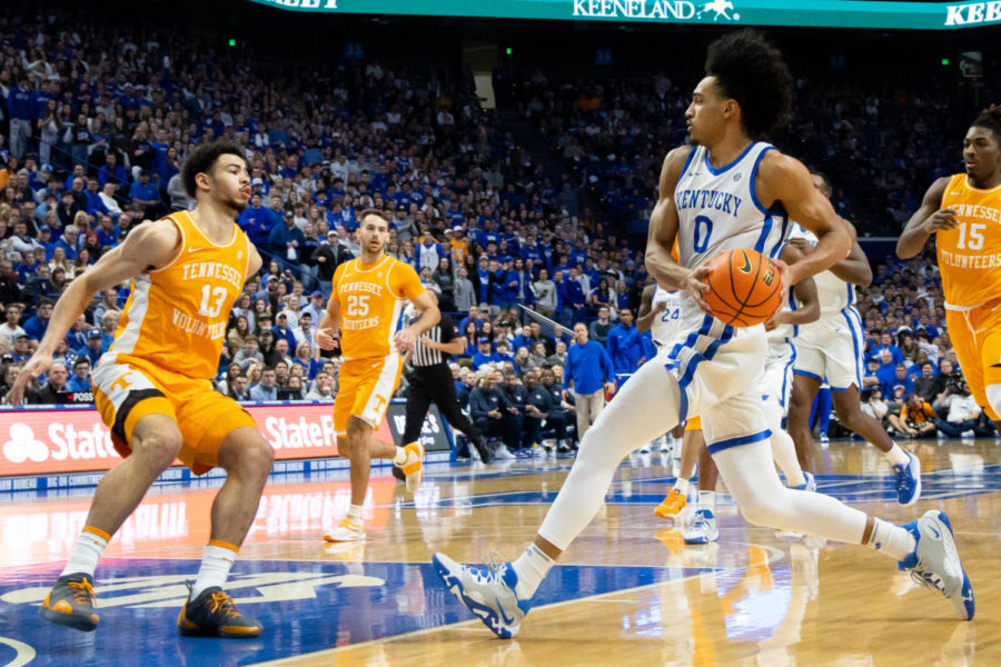 Kentucky Wildcats forward Jacob Toppin (0) drives to the basket during the Kentucky vs. No. 10 Tennessee mens basketball game on Saturday, Feb. 18, 2023, at Rupp Arena in Lexington, Kentucky. Kentucky won 66-54. Photo by Brady Saylor | Staff