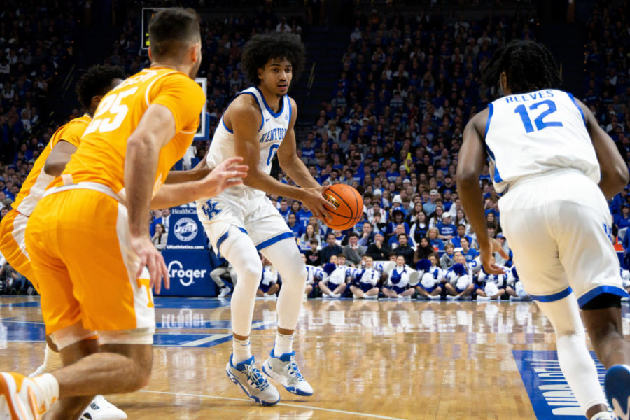 Kentucky Wildcats forward Jacob Toppin (0) passes the ball during the Kentucky vs. No. 10 Tennessee mens basketball game on Saturday, Feb. 18, 2023, at Rupp Arena in Lexington, Kentucky. Kentucky won 66-54. Photo by Brady Saylor | Staff