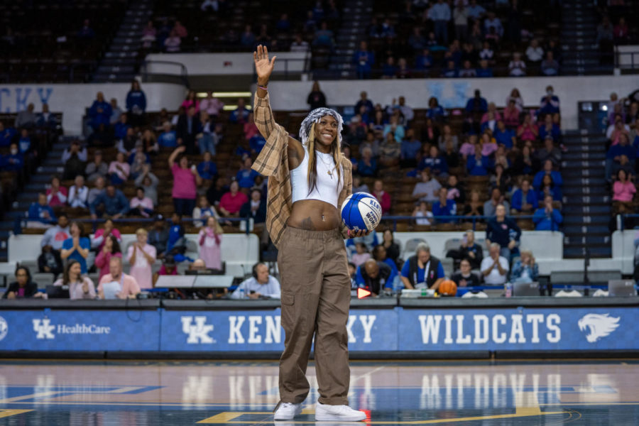 Former Kentucky womens basketball player Rhyne Howard receives the Power of Women ball along with her SEC Tournament championship ring during halftime of the Kentucky vs. Alabama womens basketball game on Thursday, Feb. 9, 2023, at Memorial Coliseum in Lexington, Kentucky. Alabama won 72-65. Photo by Carter Skaggs | Staff