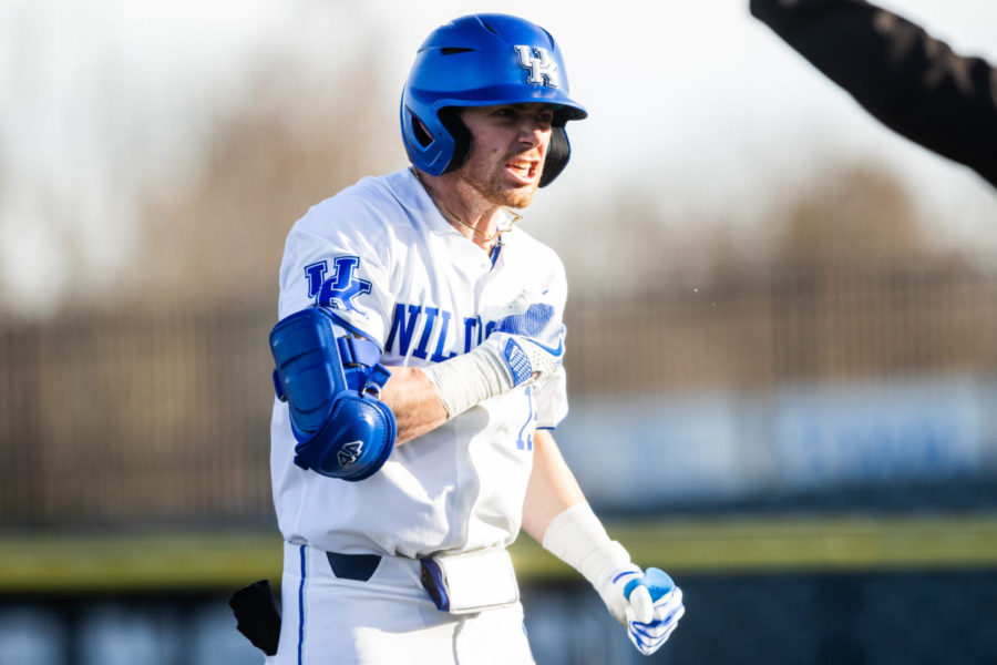 Kentucky Wildcats outfielder James McCoy (13) celebrates on third base during the Kentucky vs. Evansville home opener baseball game on Tuesday, Feb. 21, 2023, at Kentucky Proud Park in Lexington, Kentucky. Kentucky won 6-3. Photo by Isabel McSwain | Staff
