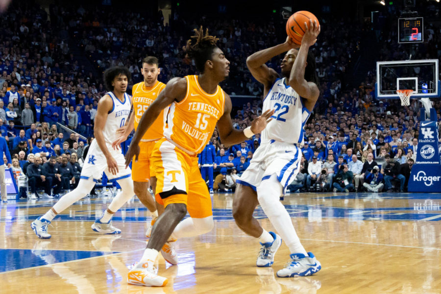 Kentucky Wildcats guard Cason Wallace (22) looks to pass the ball during the Kentucky vs. No. 10 Tennessee mens basketball game on Saturday, Feb. 18, 2023, at Rupp Arena in Lexington, Kentucky. Kentucky won 66-54. Photo by Brady Saylor | Staff