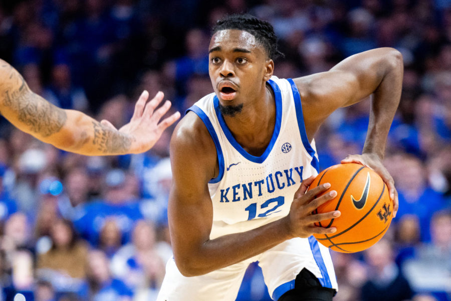 Kentucky Wildcats guard Antonio Reeves (12) holds the ball during the Kentucky vs. Florida mens basketball game on Saturday, Feb. 4, 2023, at Rupp Arena in Lexington, Kentucky. Kentucky won 72-67. Photo by Jack Weaver | Staff