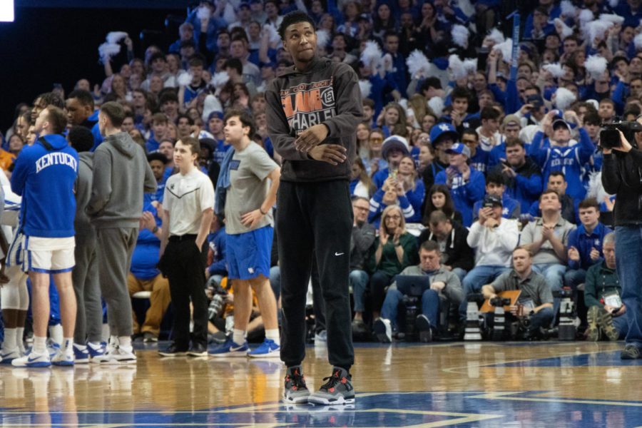 Class of 2023 Kentucky commit Justin Edwards is introduced during the Kentucky vs. No. 10 Tennessee mens basketball game on Saturday, Feb. 18, 2023, at Rupp Arena in Lexington, Kentucky. Kentucky won 66-54. Photo by Brady Saylor | Staff