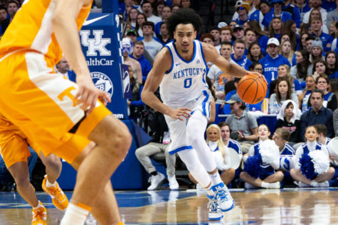 Kentucky Wildcats forward Jacob Toppin (0) brings the ball up court during the Kentucky vs. No. 10 Tennessee mens basketball game on Saturday, Feb. 18, 2023, at Rupp Arena in Lexington, Kentucky. Kentucky won 66-54. Photo by Brady Saylor | Staff