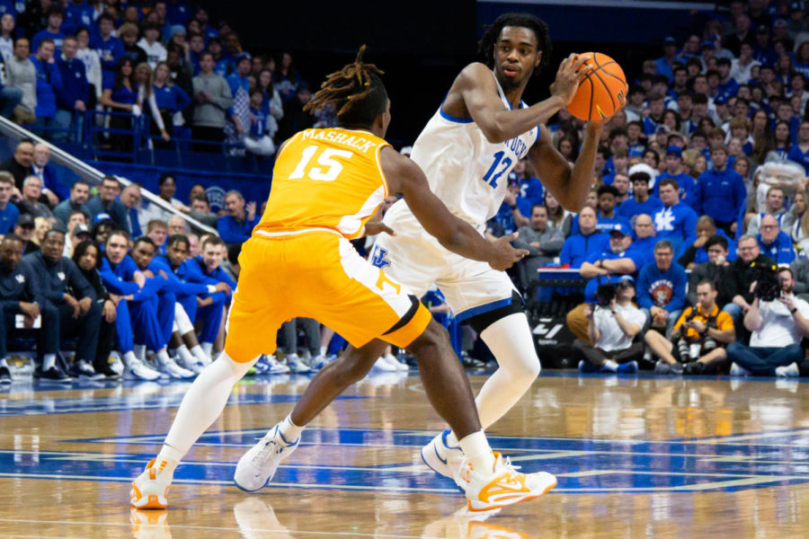 Kentucky Wildcats guard Antonio Reeves (12) looks to pass the ball during the Kentucky vs. No. 10 Tennessee mens basketball game on Saturday, Feb. 18, 2023, at Rupp Arena in Lexington, Kentucky. Kentucky won 66-54. Photo by Brady Saylor | Staff