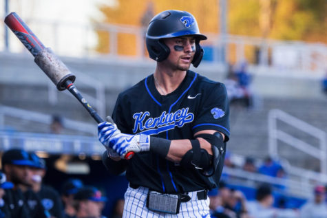 Kentucky Wildcats infielder Hunter Gilliam (14) warms up before at-bat during the Kentucky vs. Morehead State baseball game on Tuesday, Feb. 28, 2023, at Kentucky Proud Park in Lexington, Kentucky. Kentucky won 15-1. Photo by Isaiah Pinto | Staff