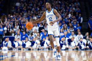 Kentucky Wildcats guard Antonio Reeves (12) dribbles the ball up the court during the Kentucky vs. Florida mens basketball game on Saturday, Feb. 4, 2023, at Rupp Arena in Lexington, Kentucky. Kentucky won 72-67. Photo by Jack Weaver | Staff
