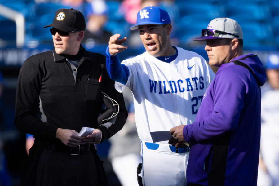 Kentucky Wildcats head coach Nick Mingione explains ground rules before the Kentucky vs. Evansville home opener baseball game on Tuesday, Feb. 21, 2023, at Kentucky Proud Park in Lexington, Kentucky. Kentucky won 6-3. Photo by Jack Weaver | Staff