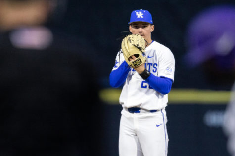 Kentucky Wildcats pitcher Mason Moore (20) prepares to pitch the ball during the Kentucky vs. Evansville home opener baseball game on Tuesday, Feb. 21, 2023, at Kentucky Proud Park in Lexington, Kentucky. Kentucky won 6-3. Photo by Jack Weaver | Staff