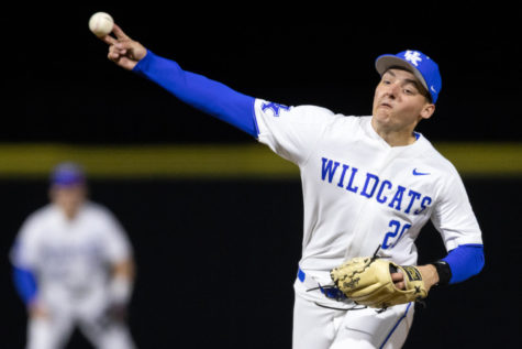 Kentucky Wildcats pitcher Mason Moore (20) pitches the ball during the Kentucky vs. Evansville home opener baseball game on Tuesday, Feb. 21, 2023, at Kentucky Proud Park in Lexington, Kentucky. Kentucky won 6-3. Photo by Jack Weaver | Staff