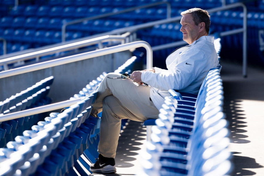 Kentucky athletics director Mitch Barnhart watches warmups before the Kentucky vs. Evansville home opener baseball game on Tuesday, Feb. 21, 2023, at Kentucky Proud Park in Lexington, Kentucky. Photo by Jack Weaver | Staff