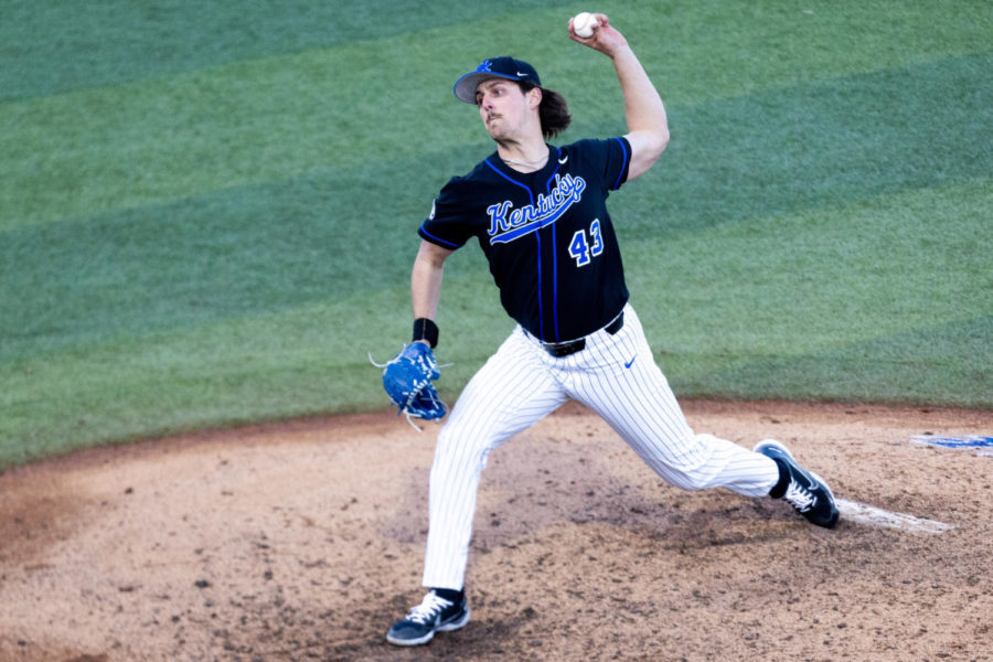 Kentucky Wildcats pitcher Jackson Nove (43) pitches the ball during the Kentucky vs. Morehead State baseball game on Tuesday, Feb. 28, 2023, at Kentucky Proud Park in Lexington, Kentucky. Kentucky won 15-1. Photo by Jack Weaver | Staff
