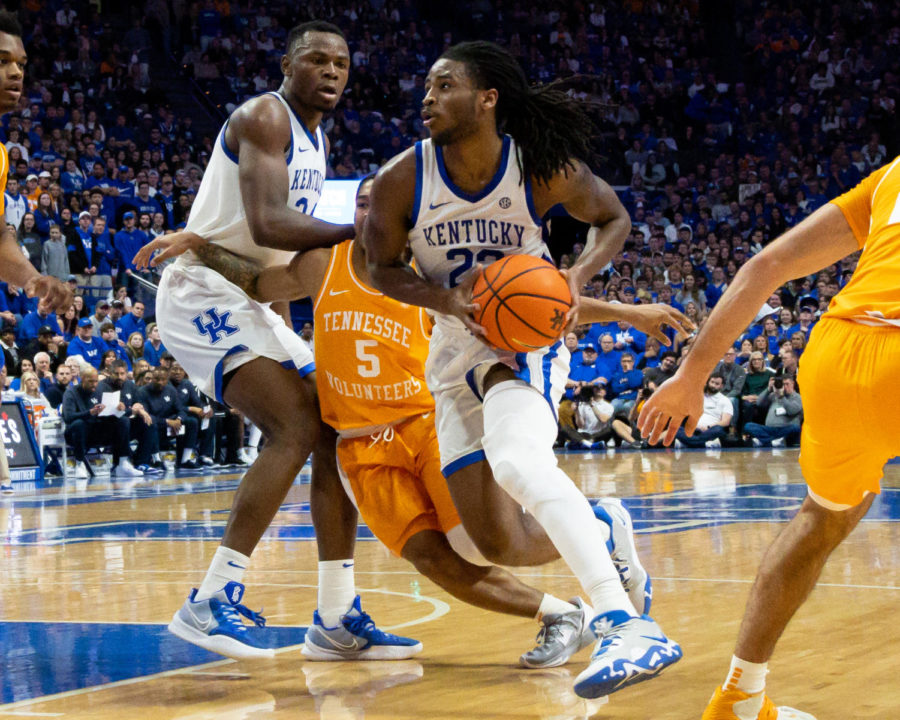 Kentucky Wildcats guard Cason Wallace (22) drives to the basket during the Kentucky vs. No. 10 Tennessee mens basketball game on Saturday, Feb. 18, 2023, at Rupp Arena in Lexington, Kentucky. Kentucky won 66-54. Photo by Brady Saylor | Staff