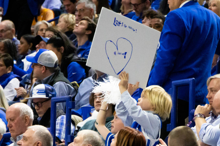 A young fan holds up a sign during the Kentucky vs. No. 10 Tennessee mens basketball game on Saturday, Feb. 18, 2023, at Rupp Arena in Lexington, Kentucky. Kentucky won 66-54. Photo by Brady Saylor | Staff