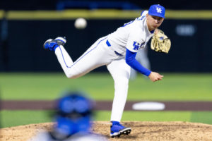 Kentucky Wildcats pitcher Mason Moore (20) pitches the ball during the Kentucky vs. Evansville home opener baseball game on Tuesday, Feb. 21, 2023, at Kentucky Proud Park in Lexington, Kentucky. Kentucky won 6-3. Photo by Jack Weaver | Staff