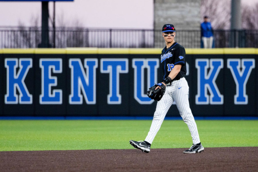 Kentucky Wildcats infielder Grant Smith (12) plays shortstop during the Kentucky vs. Morehead State baseball game on Tuesday, Feb. 28, 2023, at Kentucky Proud Park in Lexington, Kentucky. Kentucky won 15-1. Photo by Isaiah Pinto | Staff