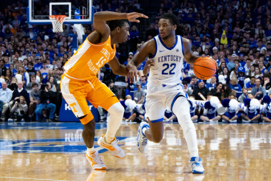 Kentucky Wildcats guard Cason Wallace (22) brings the ball up court during the Kentucky vs. No. 10 Tennessee mens basketball game on Saturday, Feb. 18, 2023, at Rupp Arena in Lexington, Kentucky. Kentucky won 66-54. Photo by Brady Saylor | Staff