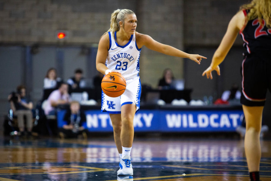 Kentucky Wildcats guard Cassidy Rowe (23) dribbles the ball during the Kentucky vs. Georgia womens basketball game on Thursday, Feb. 16, 2023, at Memorial Coliseum in Lexington, Kentucky. UK lost 50-40. Photo by Samuel Colmar | Staff