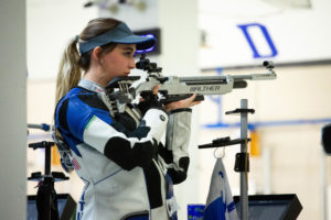 Kentucky Wildcats senior Emmie Sellers aims her rifle during the Kentucky vs. Morehead State rifle NCAA Qualifier on Saturday, Feb. 18, 2023, at Barker Hall in Lexington, Kentucky. Kentucky finished with a 4716 qualifying score. Photo by Samuel Colmar | Staff