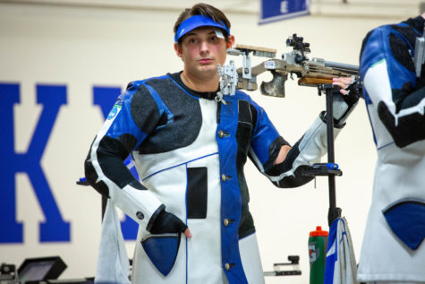 Kentucky Wildcats fifth year Richard Clark puts his hand in his pocket during the Kentucky vs. Morehead State rifle NCAA Qualifier on Saturday, Feb. 18, 2023, at Barker Hall in Lexington, Kentucky. Kentucky finished with a 4716 qualifying score. Photo by Samuel Colmar | Staff