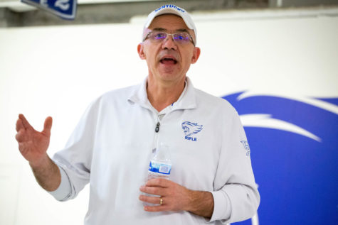 Kentucky Wildcats Rifle head coach Harry Mullins gives a speech after the Kentucky vs. Morehead State rifle NCAA Qualifier on Saturday, Feb. 18, 2023, at Barker Hall in Lexington, Kentucky. Kentucky finished with a 4716 qualifying score. Photo by Samuel Colmar | Staff