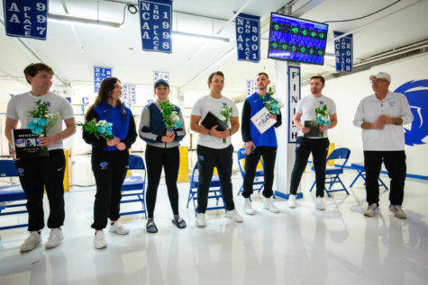 Kentucky Wildcats rifle seniors are honored after the Kentucky vs. Morehead State rifle NCAA Qualifier on Saturday, Feb. 18, 2023, at Barker Hall in Lexington, Kentucky. Kentucky finished with a 4716 qualifying score. Photo by Samuel Colmar | Staff