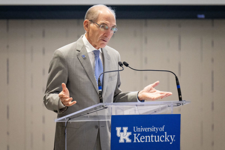 UK president Eli Capilouto speaks during a Board of Trustees meeting on Friday, Sept. 16, 2022, at the Gatton Student Center in Lexington, Kentucky. Photo by Jack Weaver | Staff