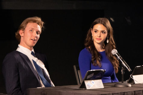 Isaac Sutherland, left, and Mallory Hudson answer questions during the SGA Presidential and Vice Presidential Debate on Tuesday, Feb. 21, 2023, at the Gatton Student Center in Lexington, Kentucky. Photo by Travis Fannon | Staff
