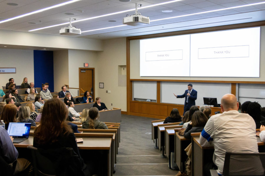 Jake Lemon, president of the UConn Foundation and candidate for Vice President for Philanthropy and Alumni Engagement, speaks during an open forum on Monday, Feb. 20, 2023, at the Gatton College of Business and Economics in Lexington, Kentucky. Photo by Brady Saylor | Staff