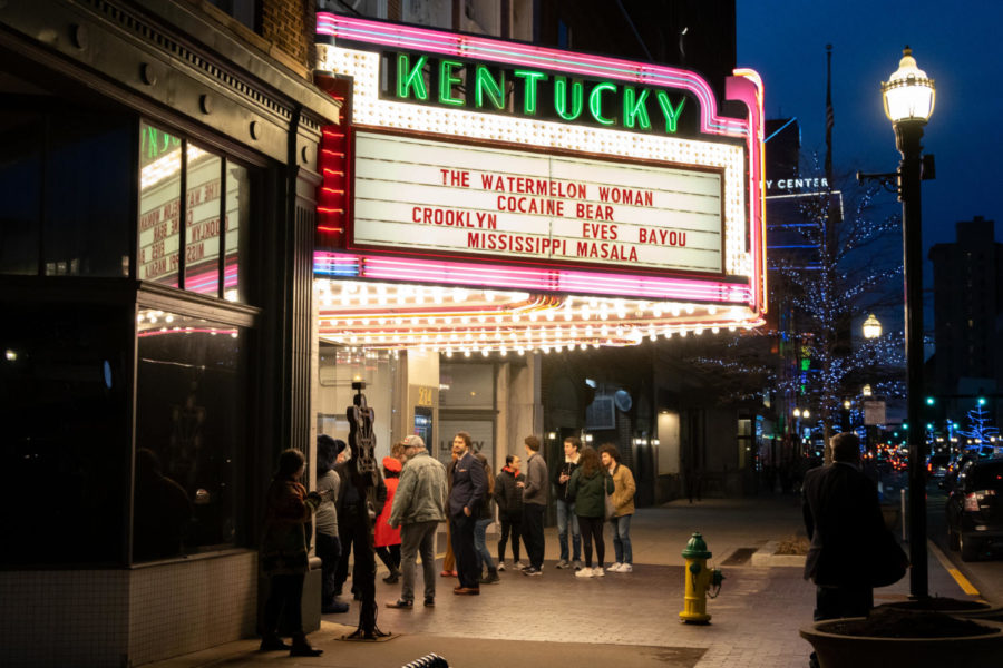 Moviegoers wait in line outside the Kentucky Theatre during the Cocaine Bear premiere on Friday, Feb. 24, 2023, in Lexington, Kentucky. Photo by Brady Saylor | Staff