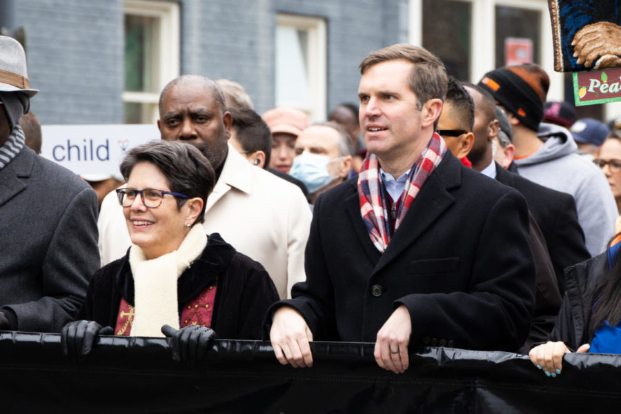 Lexington mayor Linda Gorton, left, and Kentucky governor Andy Beshear march in the MLK Freedom March on Monday, Jan. 16, 2023, in downtown Lexington, Kentucky. Photo by Travis Fannon | Staff