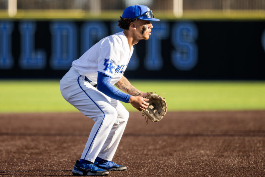 Kentucky Wildcats infielder Isaiah Byars (8) prepares for a play during the Kentucky vs. Evansville home opener baseball game on Tuesday, Feb. 21, 2023, at Kentucky Proud Park in Lexington, Kentucky. Kentucky won 6-3. Photo by Isabel McSwain | Staff