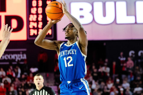 Kentucky Wildcats guard Antonio Reeves (12) attempts a 3-pointer during the Kentucky vs. Georgia mens basketball game on Saturday, Feb. 11, 2023, at Stegeman Coliseum in Athens, Georgia. UK lost 68-75. Photo by Isabel McSwain | Staff
