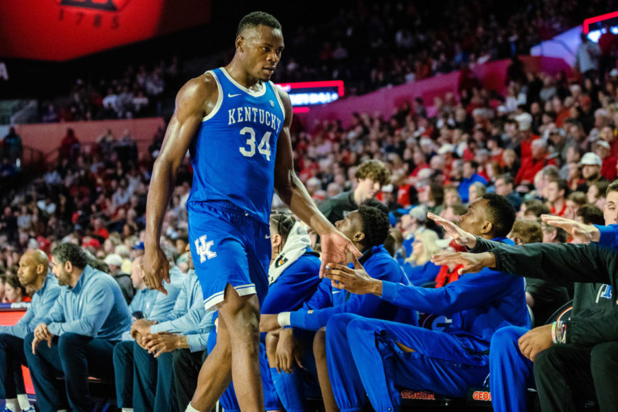 Kentucky+Wildcats+forward+Oscar+Tshiebwe+%2834%29+walks+to+the+bench+during+the+Kentucky+vs.+Georgia+mens+basketball+game+on+Saturday%2C+Feb.+11%2C+2023%2C+at+Stegeman+Coliseum+in+Athens%2C+Georgia.+UK+lost+68-75.+Photo+by+Isabel+McSwain+%7C+Staff