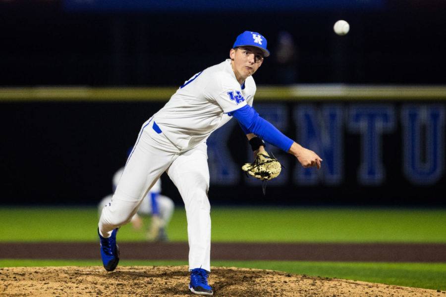 Kentucky Wildcats pitcher Mason Moore (20) pitches the ball during the Kentucky vs. Evansville home opener baseball game on Tuesday, Feb. 21, 2023, at Kentucky Proud Park in Lexington, Kentucky. Kentucky won 6-3. Photo by Isabel McSwain | Staff