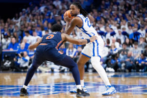 Kentucky Wildcats guard Cason Wallace (22) holds the ball during the Kentucky vs. Auburn mens basketball game on Saturday, Feb. 25, 2023, at Rupp Arena in Lexington, Kentucky. Photo by Jack Weaver | Staff