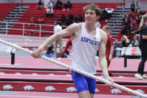 Kentucky Wildcats senior Keaton Daniel sets a school record in the mens pole vault during the Razorback Invitational track and field meet on Friday, Jan. 27, 2023, in Fayetteville, Arkansas. Photo by Maigan Williams | UK Athletics.