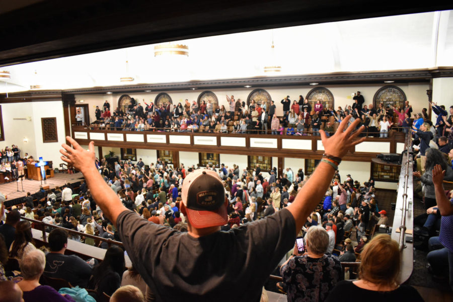 Crowds gather to worship on Thursday, Feb. 16, 2023, in Hughes Auditorium at Asbury University in Wilmore, Kentucky. Photo by Abbey Cutrer | Staff