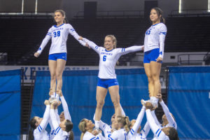 Kentucky players compete during the Blue vs. White STUNT Meet on Saturday, Feb. 4, 2023, at Memorial Coliseum in Lexington, Kentucky. Photo by Travis Fannon | Staff