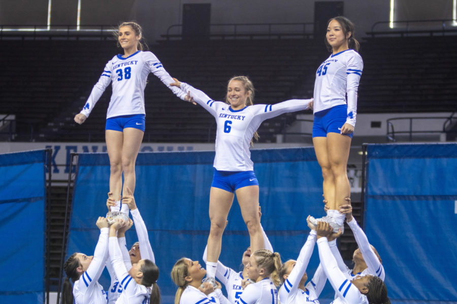 Kentucky+players+compete+during+the+Blue+vs.+White+STUNT+Meet+on+Saturday%2C+Feb.+4%2C+2023%2C+at+Memorial+Coliseum+in+Lexington%2C+Kentucky.+Photo+by+Travis+Fannon+%7C+Staff