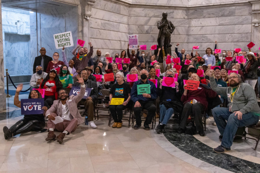 Kentuckians gather for the We Love Voting Rights Lobby Day and Rally on Tuesday, Feb. 14, 2023, in the Kentucky State Capitol rotunda in Frankfort, Kentucky. Photo by Travis Fannon | Staff
