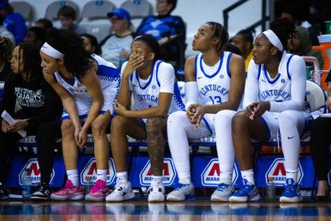 Members of the Kentucky womens basketball team watch the Kentucky vs. Georgia womens basketball game on Thursday, Feb. 16, 2023, at Memorial Coliseum in Lexington, Kentucky. UK lost 50-40. Photo by Samuel Colmar | Staff