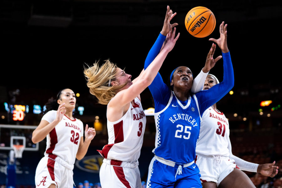 Kentucky Wildcats forward Adebola Adeyeye (25) reaches for a rebound during the No. 14 Kentucky vs. No. 6 Alabama womens basketball game in the second round of the SEC Tournament on Thursday, March 2, 2023, at Bon Secours Wellness Arena in Greenville, South Carolina. Kentucky won 71-58. Photo by Carter Skaggs | Staff