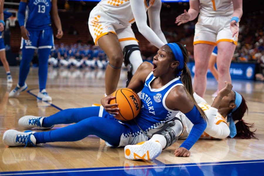 Kentucky Wildcats guard Robyn Benton (1) falls to the floor and reacts to a call during the No. 14 Kentucky vs. No. 3 Tennessee womens basketball game in the SEC Tournament quarterfinals on Friday, March 3, 2023, at Bon Secours Wellness Arena in Greenville, South Carolina. Tennessee won 80-71. Photo by Carter Skaggs | Staff