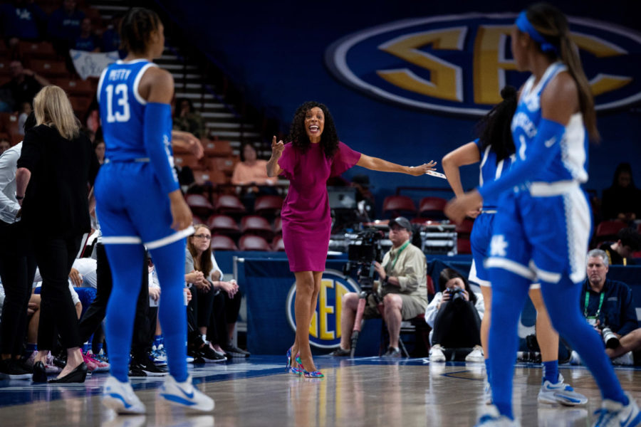 Kentucky Wildcats head coach Kyra Elzy shouts to her players during the No. 14 Kentucky vs. No. 6 Alabama womens basketball game in the second round of the SEC Tournament on Thursday, March 2, 2023, at Bon Secours Wellness Arena in Greenville, South Carolina. Kentucky won 71-58. Photo by Carter Skaggs | Staff