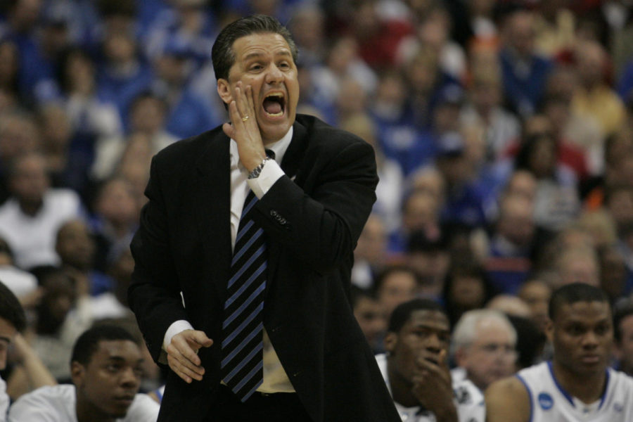 Kentucky Wildcats head coach John Calipari yells at his players during the No. 1 Kentucky vs. No. 12 Cornell mens basketball game in the NCAA Tournament Sweet 16 on Thursday, March 25, 2010, at the Carrier Dome in Syracuse, New York. Kentucky won 62-45. Photo by Britney McIntosh | Kentucky Kernel
